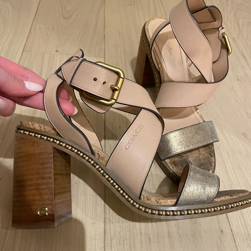Coach gold and nude leather heel sandals 7.5